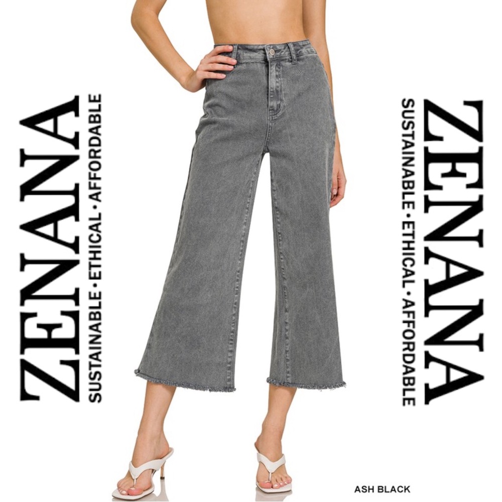ZENANA | High Waist Acid Wash Frayed Hem Cropped Denim - Ash Black - NEW!